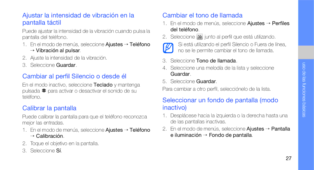 Samsung GT-B3410TIWTEE Ajustar la intensidad de vibración en la pantalla táctil, Cambiar al perfil Silencio o desde él 