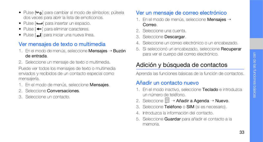 Samsung GT-B3410TAWTEE manual Adición y búsqueda de contactos, Ver mensajes de texto o multimedia, Añadir un contacto nuevo 