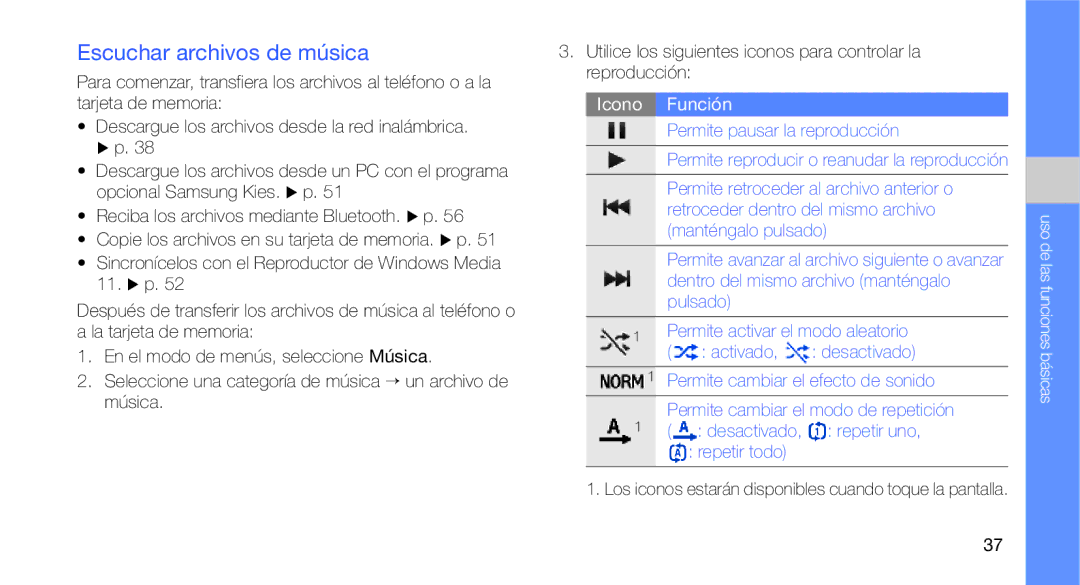 Samsung GT-B3410TAWTEE, GT-B3410TIWFOP manual Escuchar archivos de música, Permite pausar la reproducción, Repetir todo 