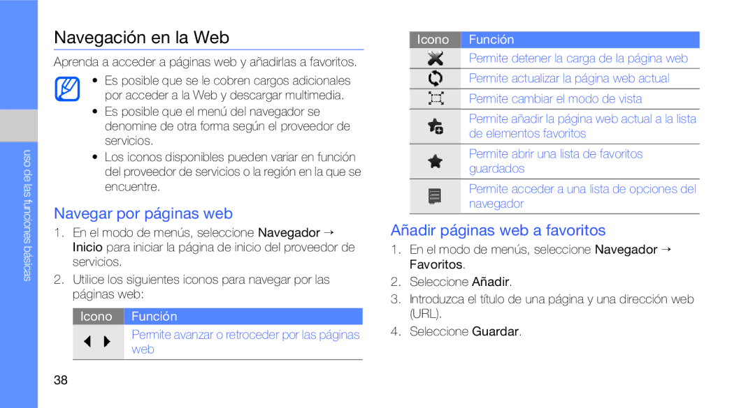 Samsung GT-B3410TIWFOP, GT-B3410TAWTEE manual Navegación en la Web, Navegar por páginas web, Añadir páginas web a favoritos 