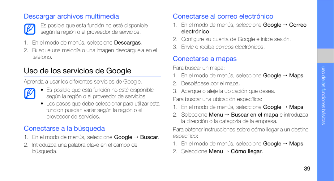 Samsung GT-B3410TIWTEE manual Uso de los servicios de Google, Descargar archivos multimedia, Conectarse a la búsqueda 