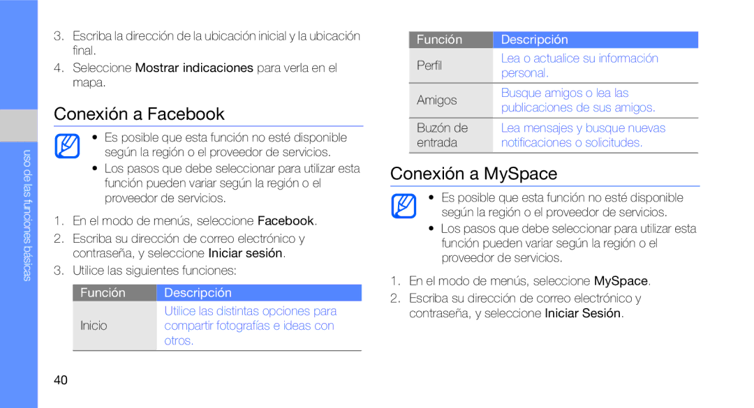 Samsung GT-B3410TAWFOP Conexión a Facebook, Conexión a MySpace, Utilice las siguientes funciones, Función Descripción 