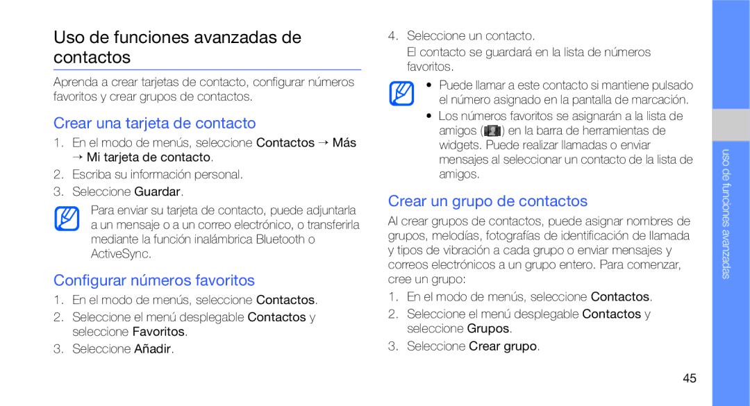 Samsung GT-B3410TAWTEE Uso de funciones avanzadas de contactos, Crear una tarjeta de contacto, Crear un grupo de contactos 