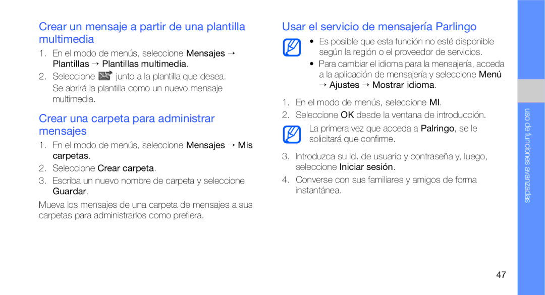 Samsung GT-B3410TIWTEE Crear un mensaje a partir de una plantilla multimedia, Crear una carpeta para administrar mensajes 