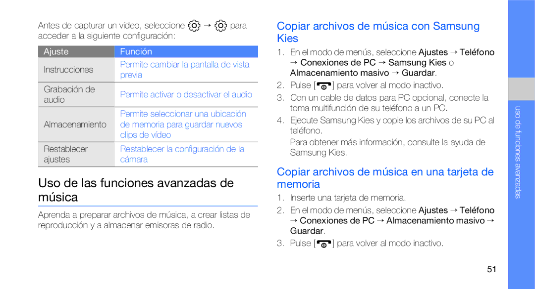 Samsung GT-B3410TIWTEE manual Uso de las funciones avanzadas de música, Copiar archivos de música con Samsung Kies 