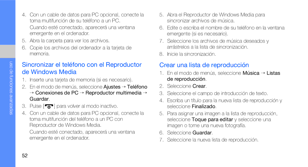 Samsung GT-B3410TAWFOP manual Sincronizar el teléfono con el Reproductor de Windows Media, Crear una lista de reproducción 