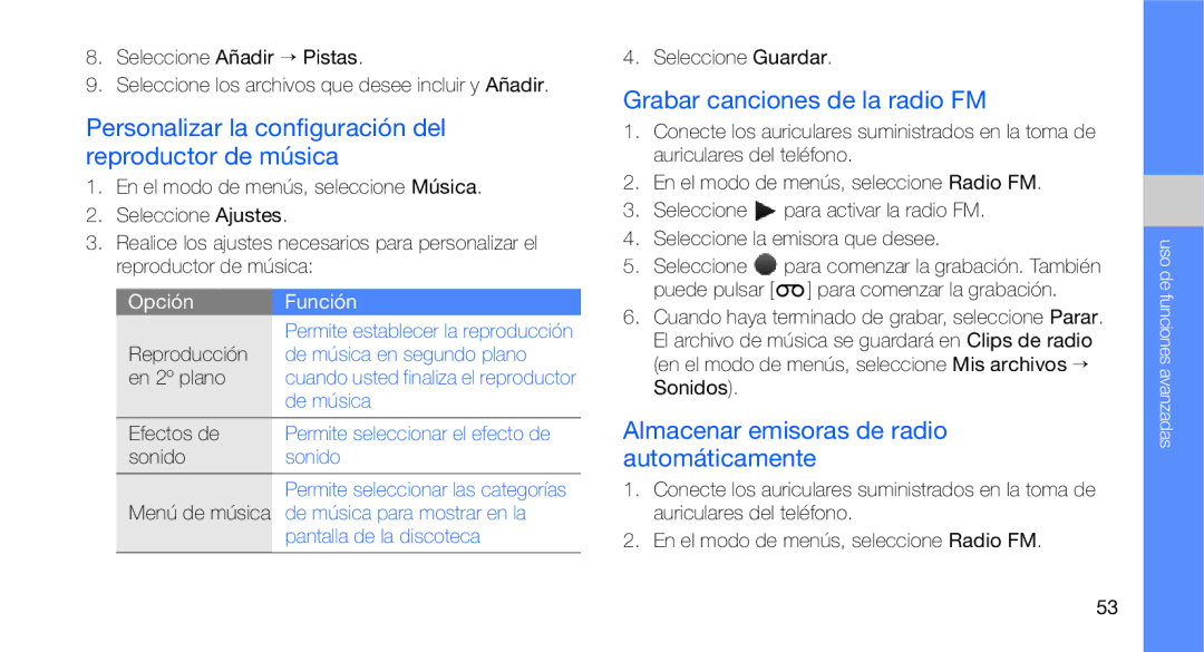 Samsung GT-B3410TAWTEE manual Personalizar la configuración del reproductor de música, Grabar canciones de la radio FM 