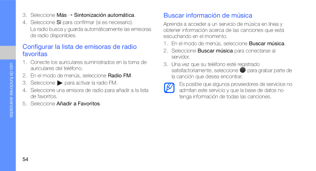 Samsung GT-B3410TIWFOP, GT-B3410TAWTEE Configurar la lista de emisoras de radio favoritas, Buscar información de música 