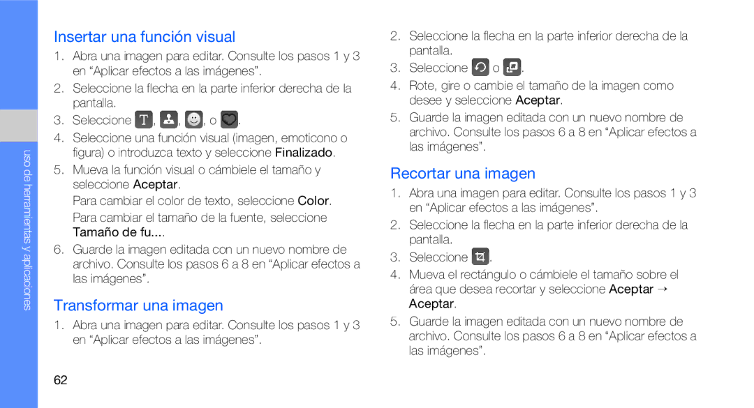 Samsung GT-B3410TIWFOP, GT-B3410TAWTEE manual Insertar una función visual, Transformar una imagen, Recortar una imagen 