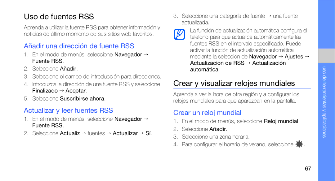 Samsung GT-B3410TIWTEE manual Uso de fuentes RSS, Crear y visualizar relojes mundiales, Añadir una dirección de fuente RSS 