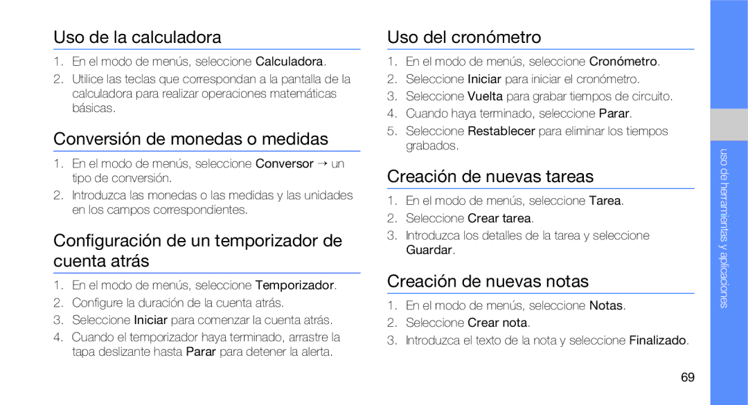 Samsung GT-B3410TAWTEE, GT-B3410TIWFOP manual Uso de la calculadora, Conversión de monedas o medidas, Uso del cronómetro 