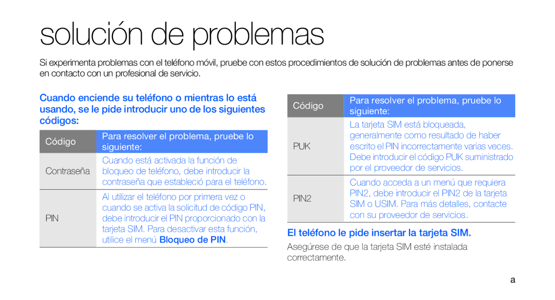 Samsung GT-B3410TIWTEE manual Código Para resolver el problema, pruebe lo siguiente, La tarjeta SIM está bloqueada 