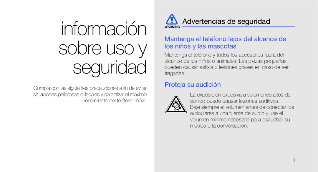 Samsung GT-B3410TAWTEE, GT-B3410TIWFOP, GT-B3410TIWTEE, GT-B3410TAWFOP manual Advertencias de seguridad, Proteja su audición 