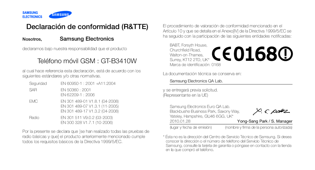 Samsung GT-B3410TIWTEE, GT-B3410TAWTEE, GT-B3410TIWFOP manual Declaración de conformidad R&TTE, Nosotros, Samsung Electronics 