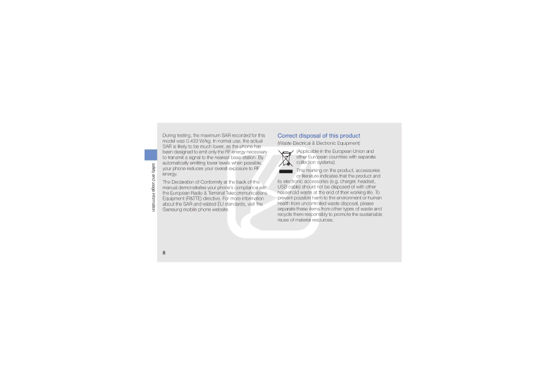 Samsung GT-B3410TAWXEZ, GT-B3410TAWTEE, GT-B3410TIWFOP, GT-B3410TIWTEE, GT-B3410TAWFOP manual Correct disposal of this product 