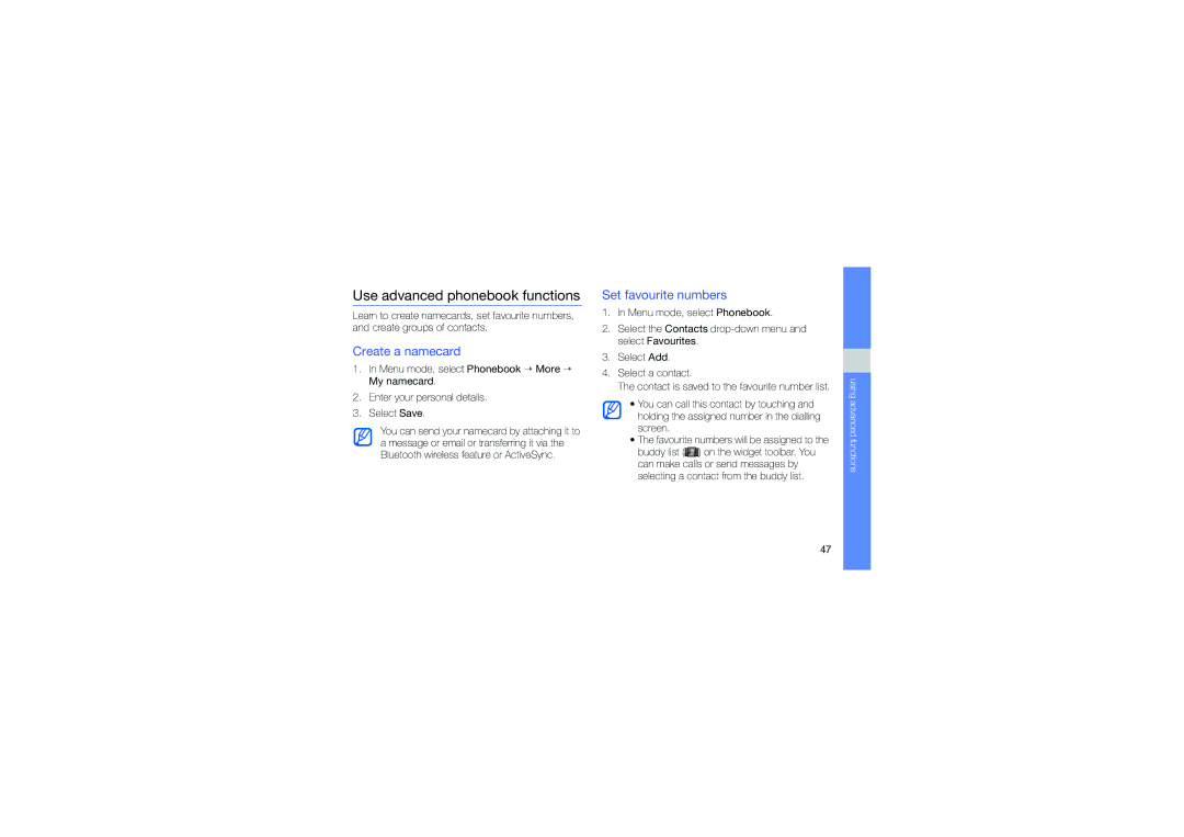 Samsung GT-B3410TAWFOP, GT-B3410TAWTEE manual Use advanced phonebook functions, Create a namecard, Set favourite numbers 