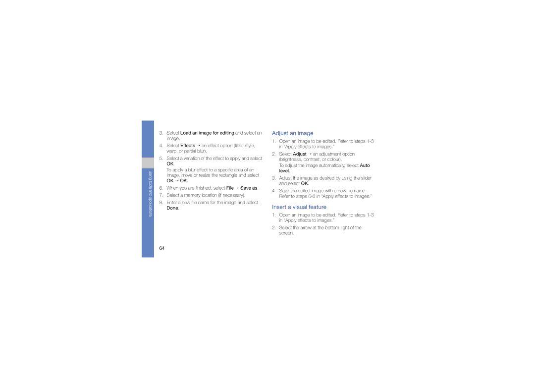 Samsung GT-B3410TAWTEE, GT-B3410TIWFOP, GT-B3410TIWTEE, GT-B3410TAWFOP manual Adjust an image, Insert a visual feature 