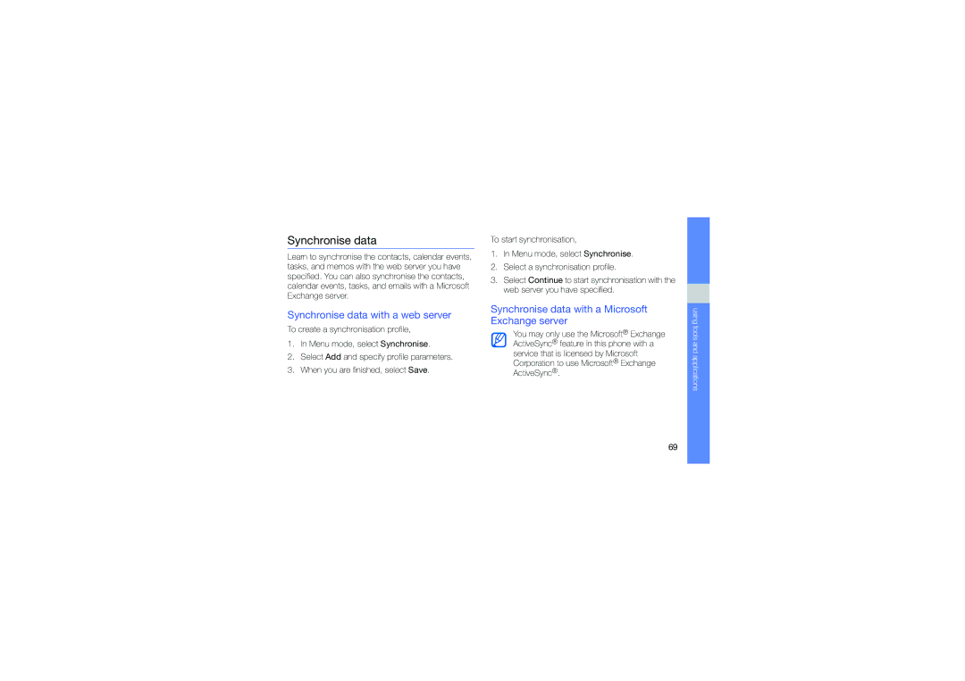 Samsung GT-B3410TAWTEE manual Synchronise data with a web server, Synchronise data with a Microsoft Exchange server 