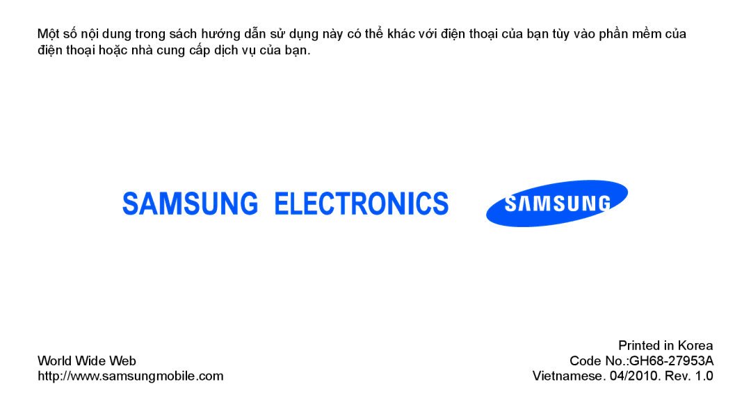 Samsung GT-B3410TAWXEV, GT-B3410TIWXEV, GT-B3410TAWXXV, GT-B3410TIWXXV manual Vietnamese /2010. Rev 