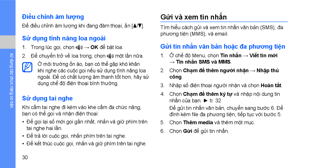 Samsung GT-B3410TAWXEV manual Gửi và xem tin nhắn, Điều chỉnh âm lượng, Sử dụng tính năng loa ngoài, Sử dụng tai nghe 