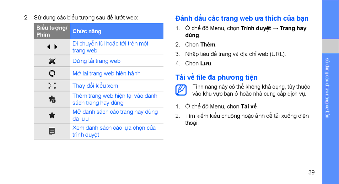 Samsung GT-B3410TAWXXV, GT-B3410TIWXEV, GT-B3410TAWXEV Đánh dấu các trang web ưa thích của bạn, Tải về file đa phương tiện 