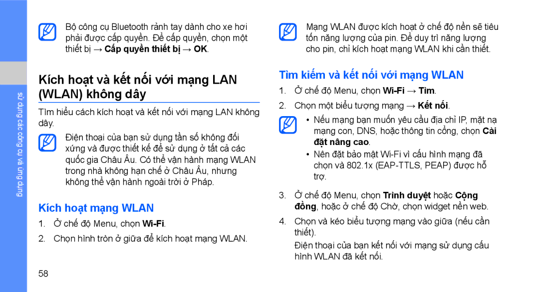 Samsung GT-B3410TAWXEV, GT-B3410TIWXEV manual Kích hoạt và kết nối với mạng LAN Wlan không dây, Kích hoạt mạng Wlan 