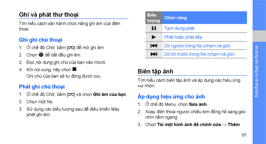 Samsung GT-B3410TIWXEV, GT-B3410TAWXEV manual Ghi và phát thư thoại, Biên tập ảnh, Ghi ghi chú thoại, Phát ghi chú thoại 