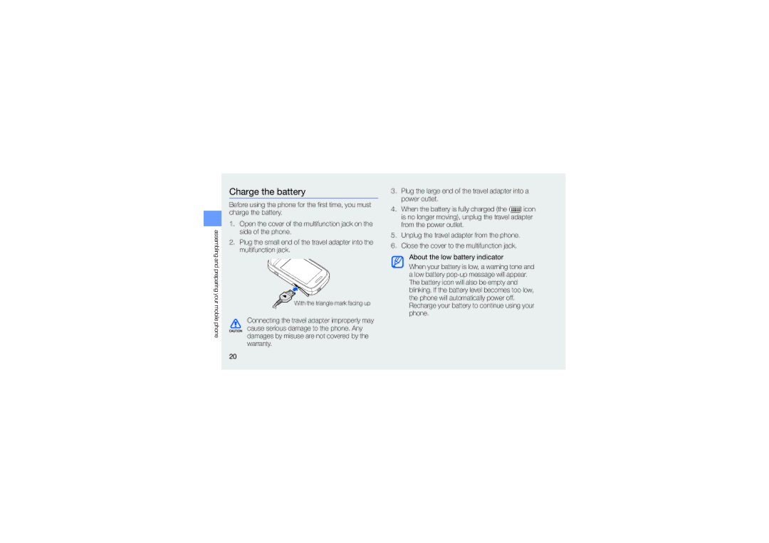 Samsung GT-B3410TIWXXV, GT-B3410TIWXEV, GT-B3410TAWXEV, GT-B3410TAWXXV manual Charge the battery 