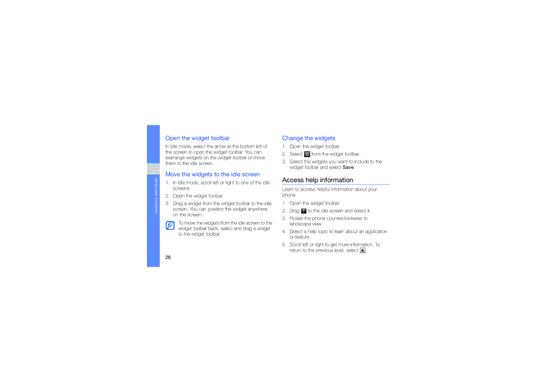 Samsung GT-B3410TAWXEV manual Access help information, Open the widget toolbar, Move the widgets to the idle screen 