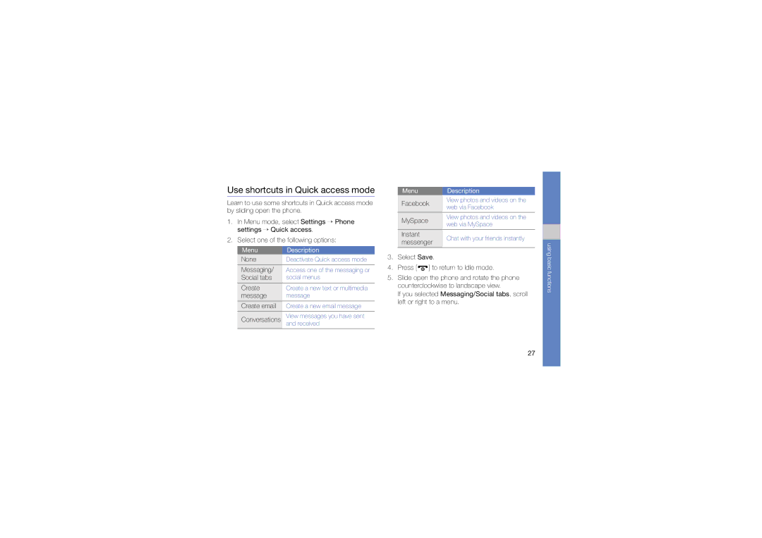 Samsung GT-B3410TAWXXV, GT-B3410TIWXEV, GT-B3410TAWXEV, GT-B3410TIWXXV manual Use shortcuts in Quick access mode 