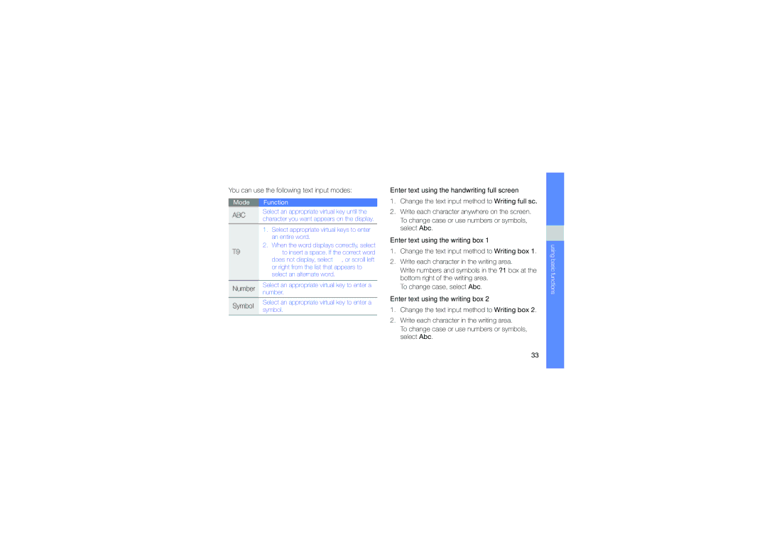 Samsung GT-B3410TIWXEV You can use the following text input modes, Enter text using the handwriting full screen, Number 