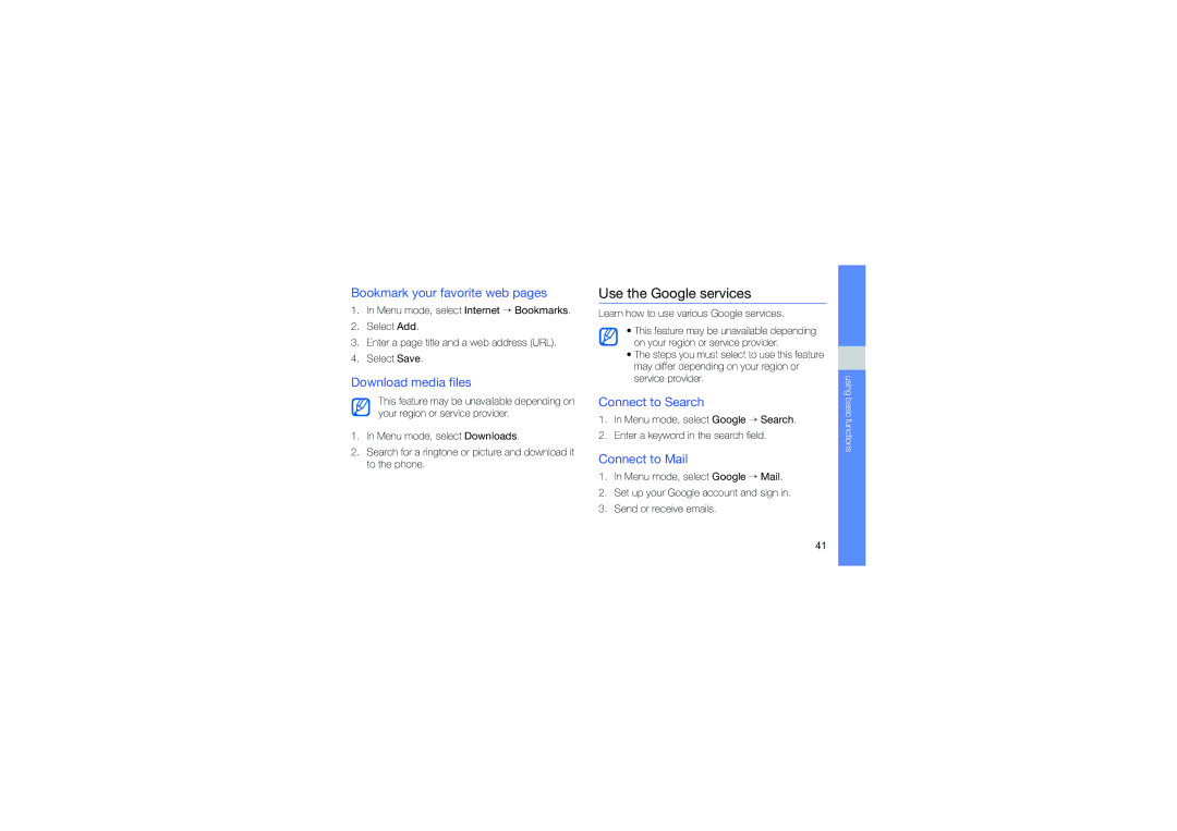 Samsung GT-B3410TIWXEV Use the Google services, Bookmark your favorite web pages, Download media files, Connect to Search 