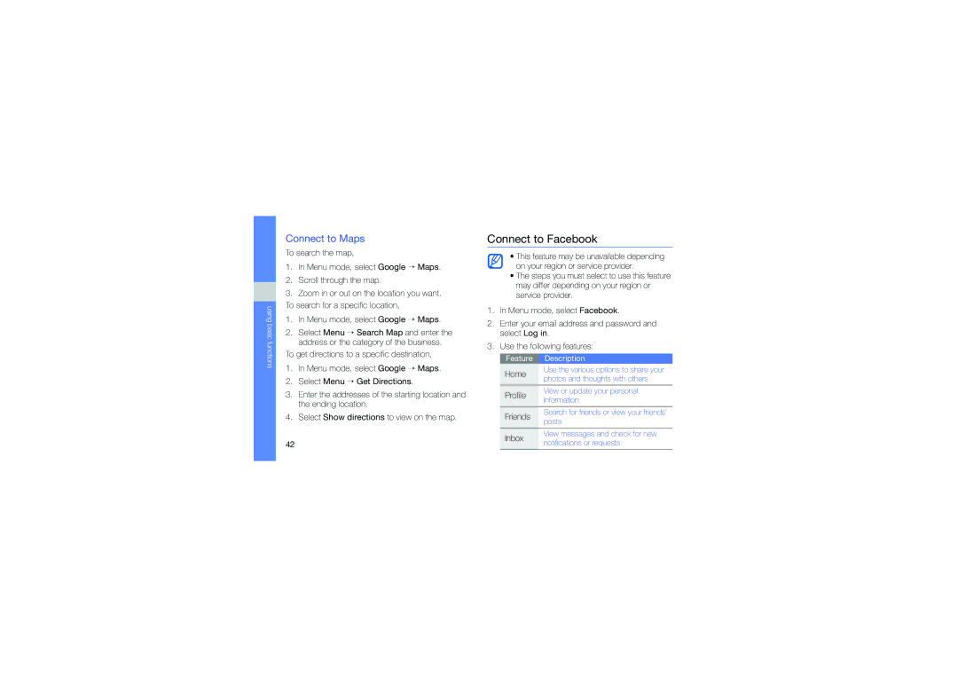 Samsung GT-B3410TAWXEV, GT-B3410TIWXEV, GT-B3410TAWXXV, GT-B3410TIWXXV manual Connect to Facebook, Connect to Maps 