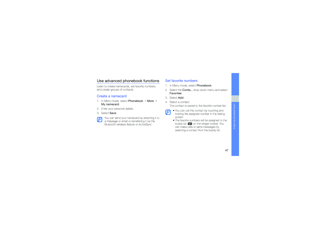 Samsung GT-B3410TAWXXV, GT-B3410TIWXEV manual Use advanced phonebook functions, Create a namecard, Set favorite numbers 