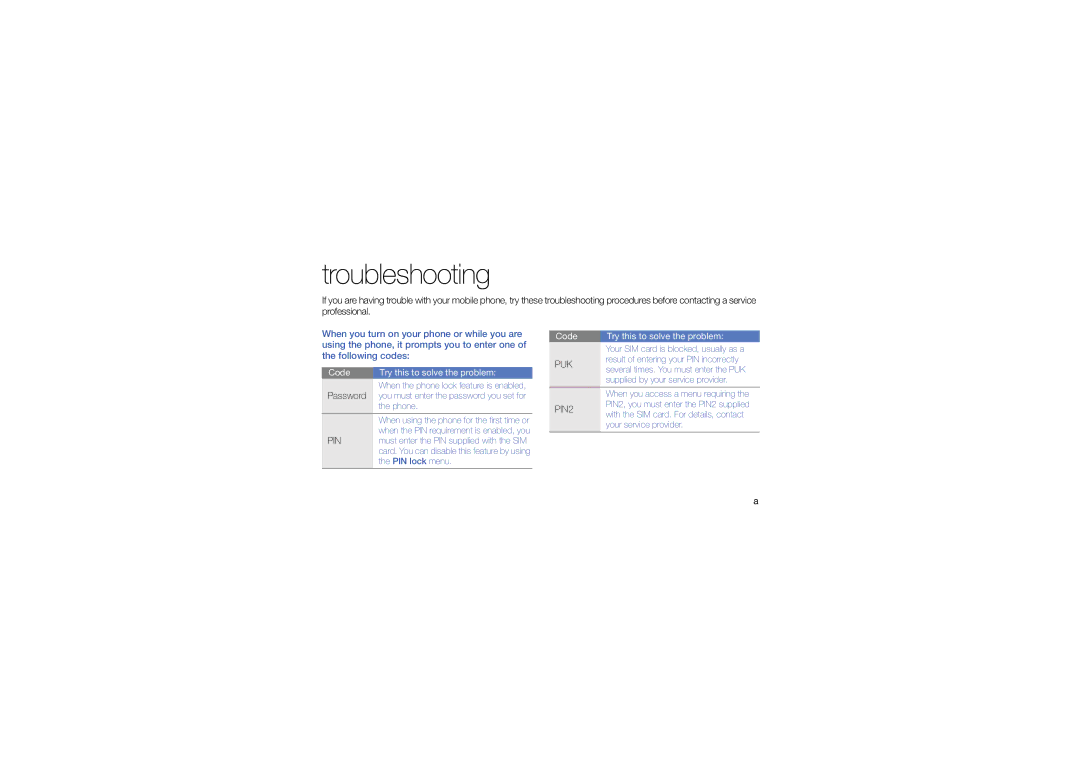 Samsung GT-B3410TAWXXV, GT-B3410TIWXEV, GT-B3410TAWXEV, GT-B3410TIWXXV manual Troubleshooting 