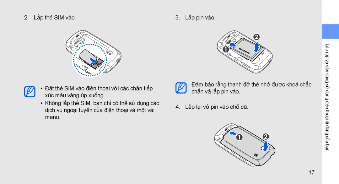 Samsung GT-B3410TIWXEV, GT-B3410TAWXEV, GT-B3410TAWXXV manual Lắp ráp và sẵn sàng sử dụng điện thoại di động của bạn 