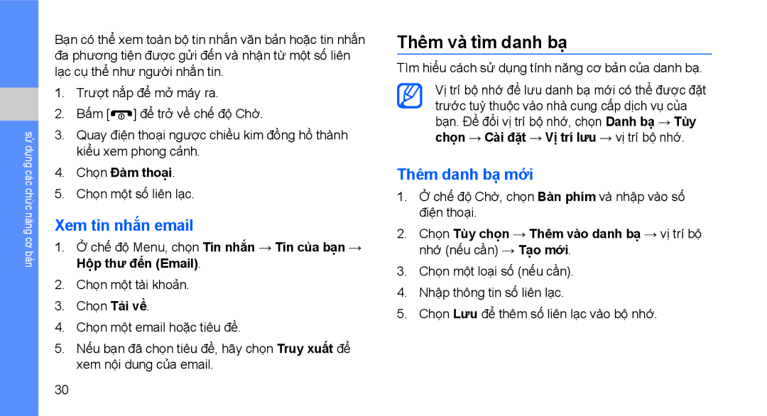 Samsung GT-B3410TAWXEV, GT-B3410TIWXEV manual Thêm và tìm danh bạ, Xem tin nhắn email, Thêm danh bạ mới, Chọn Đam thoại 