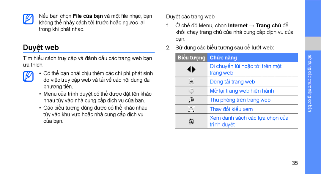 Samsung GT-B3410TAWXXV, GT-B3410TIWXEV, GT-B3410TAWXEV, GT-B3410TIWXXV manual Duyệt web, Biêu tương Chức năng 