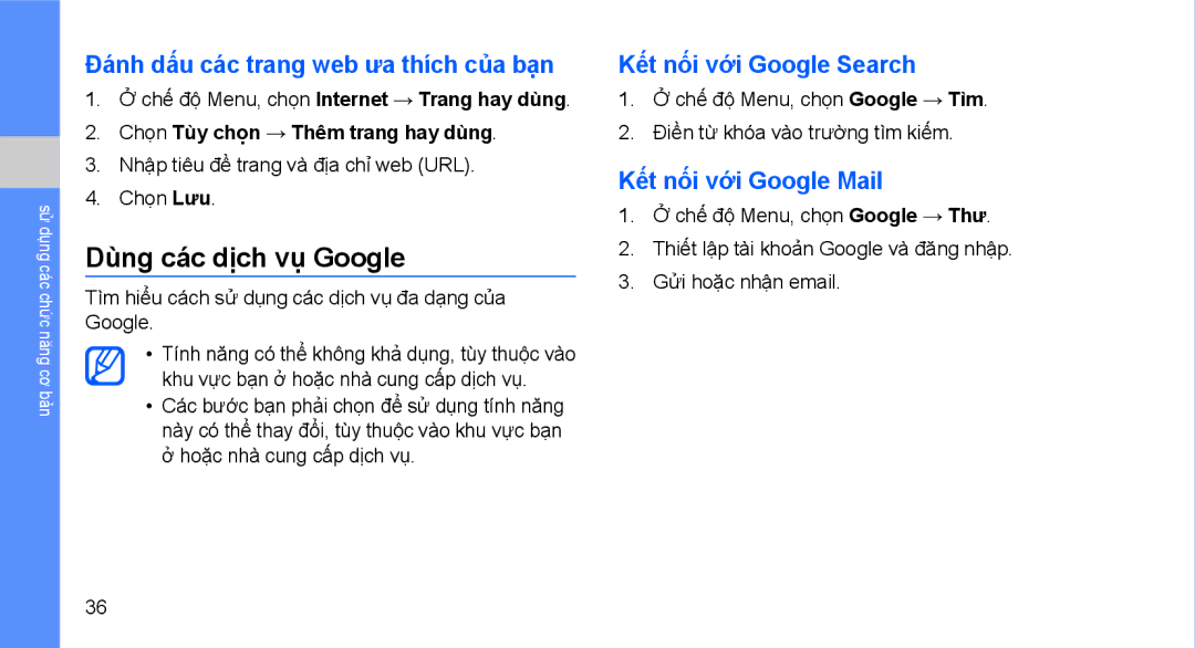 Samsung GT-B3410TIWXXV manual Dùng các dịch vụ Google, Đánh dấu các trang web ưa thích của bạn, Kết nối với Google Search 