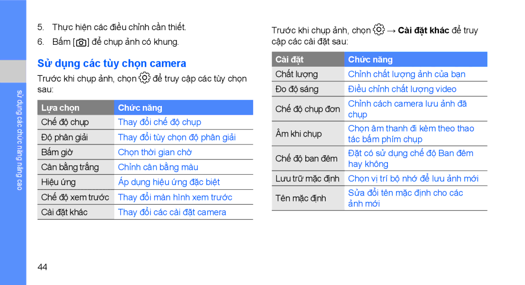 Samsung GT-B3410TIWXXV manual Sử dụng các tùy chọn camera, Thực hiện các điều chỉnh cần thiết Bấm để chụp ảnh có khung 