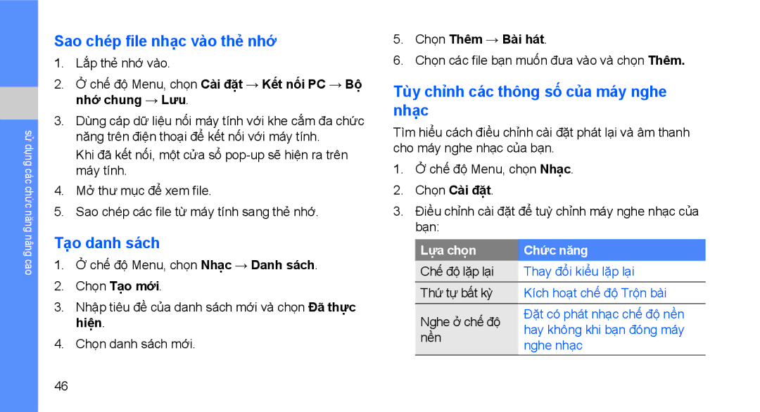 Samsung GT-B3410TAWXEV manual Sao chép file nhạc vào thẻ nhớ, Tạo danh sách, Tùy chỉnh các thông số của máy nghe nhạc 