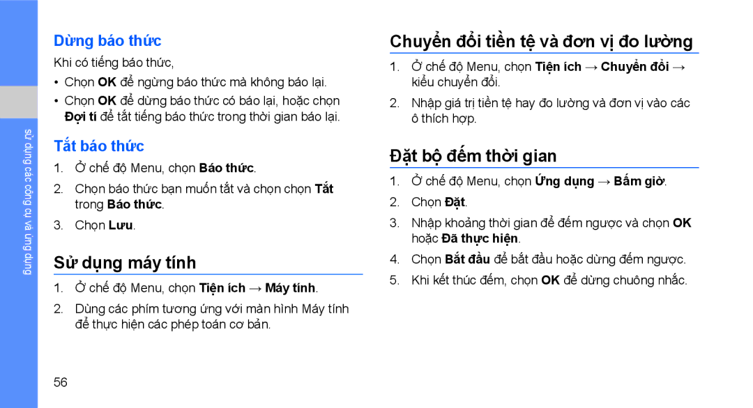 Samsung GT-B3410TIWXXV manual Sử dụng máy tính, Chuyển đổi tiền tệ và đơn vị đo lường, Đặt bộ đếm thời gian, Dừng báo thức 