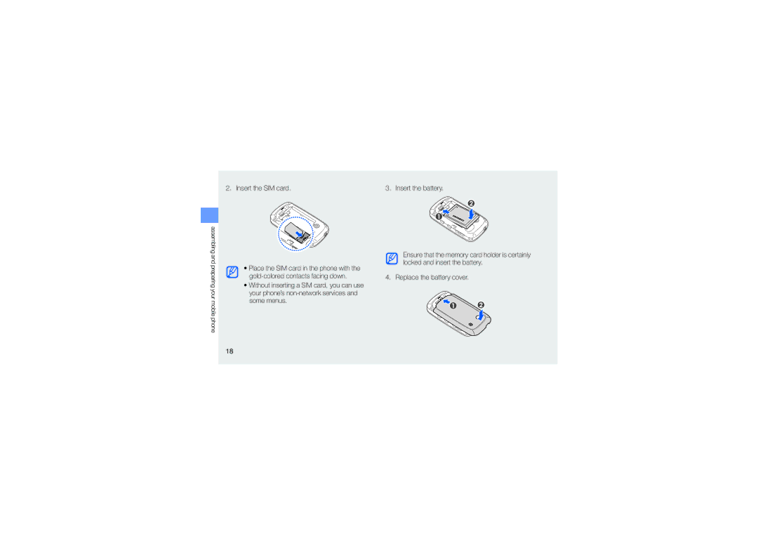 Samsung GT-B3410TAWXEV, GT-B3410TIWXEV, GT-B3410TAWXXV, GT-B3410TIWXXV manual Insert the SIM card 