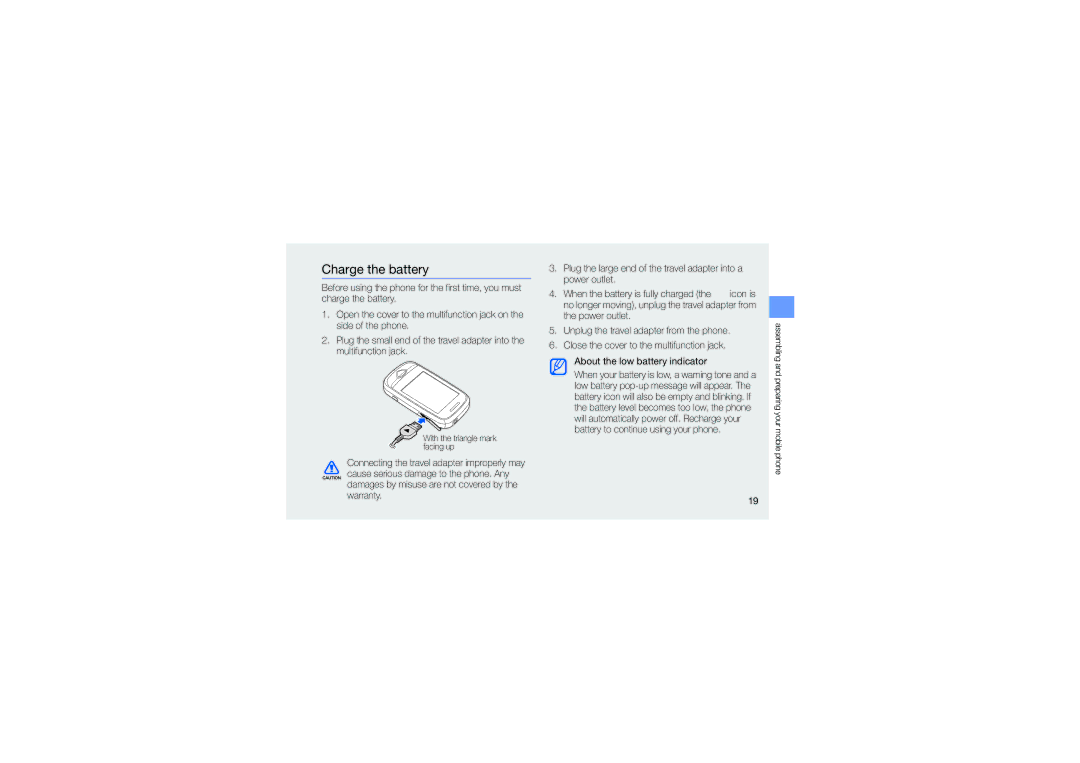 Samsung GT-B3410TAWXXV, GT-B3410TIWXEV, GT-B3410TAWXEV, GT-B3410TIWXXV manual Charge the battery 