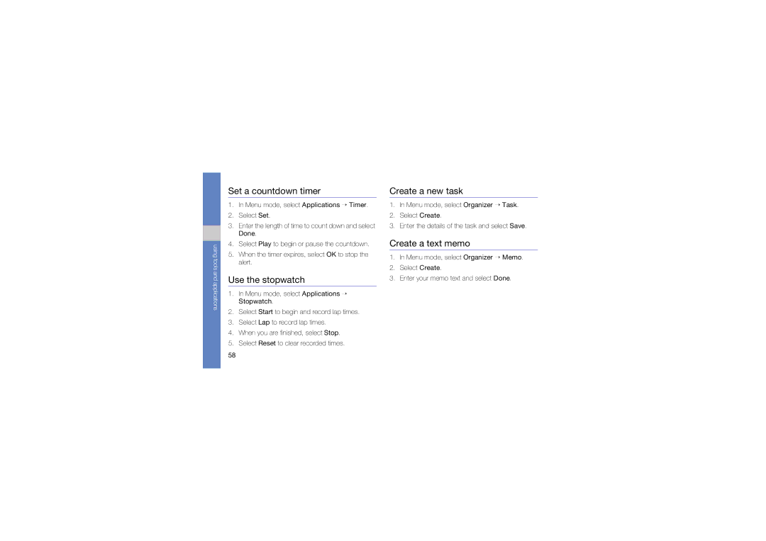 Samsung GT-B3410TAWXEV, GT-B3410TIWXEV Set a countdown timer, Use the stopwatch, Create a new task, Create a text memo 