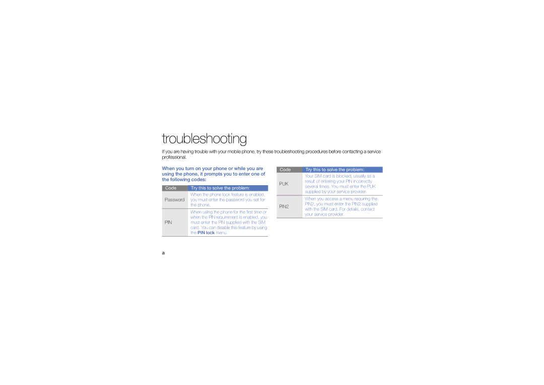 Samsung GT-B3410TIWXXV, GT-B3410TIWXEV, GT-B3410TAWXEV, GT-B3410TAWXXV manual Troubleshooting 