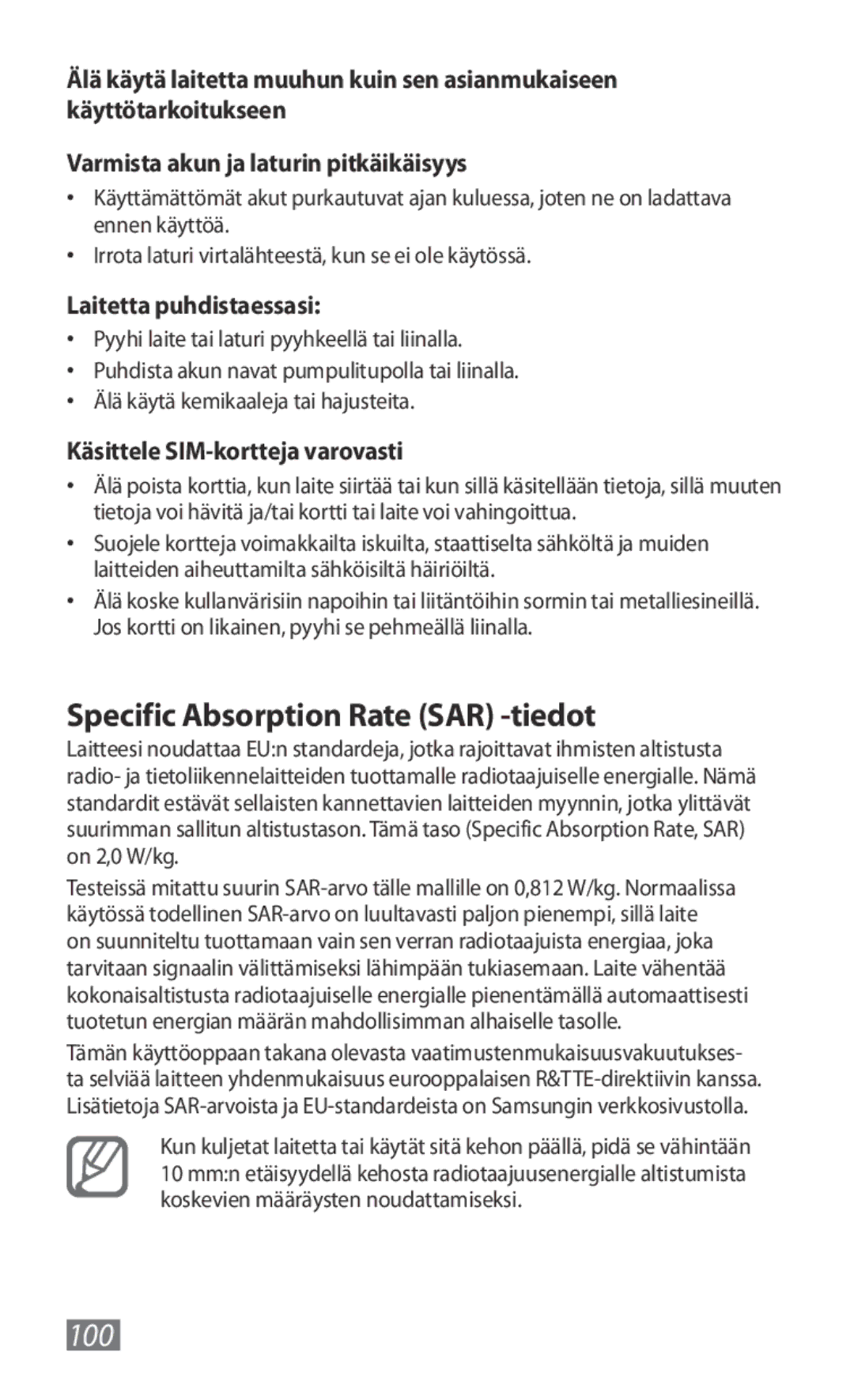 Samsung GT-B3800FKTVD2 Specific Absorption Rate SAR -tiedot, Laitetta puhdistaessasi, Käsittele SIM-kortteja varovasti 