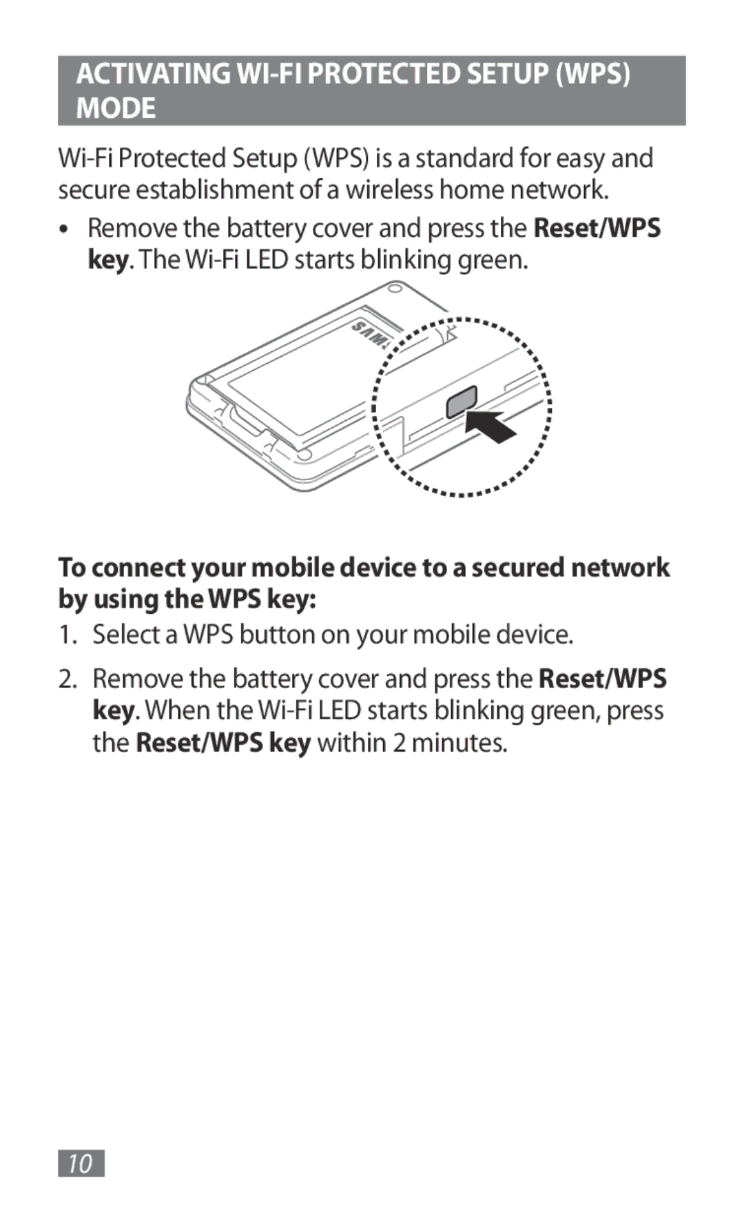 Samsung GT-B3800FKTVD2 manual Activating WI-FI Protected Setup WPS Mode, Select a WPS button on your mobile device 