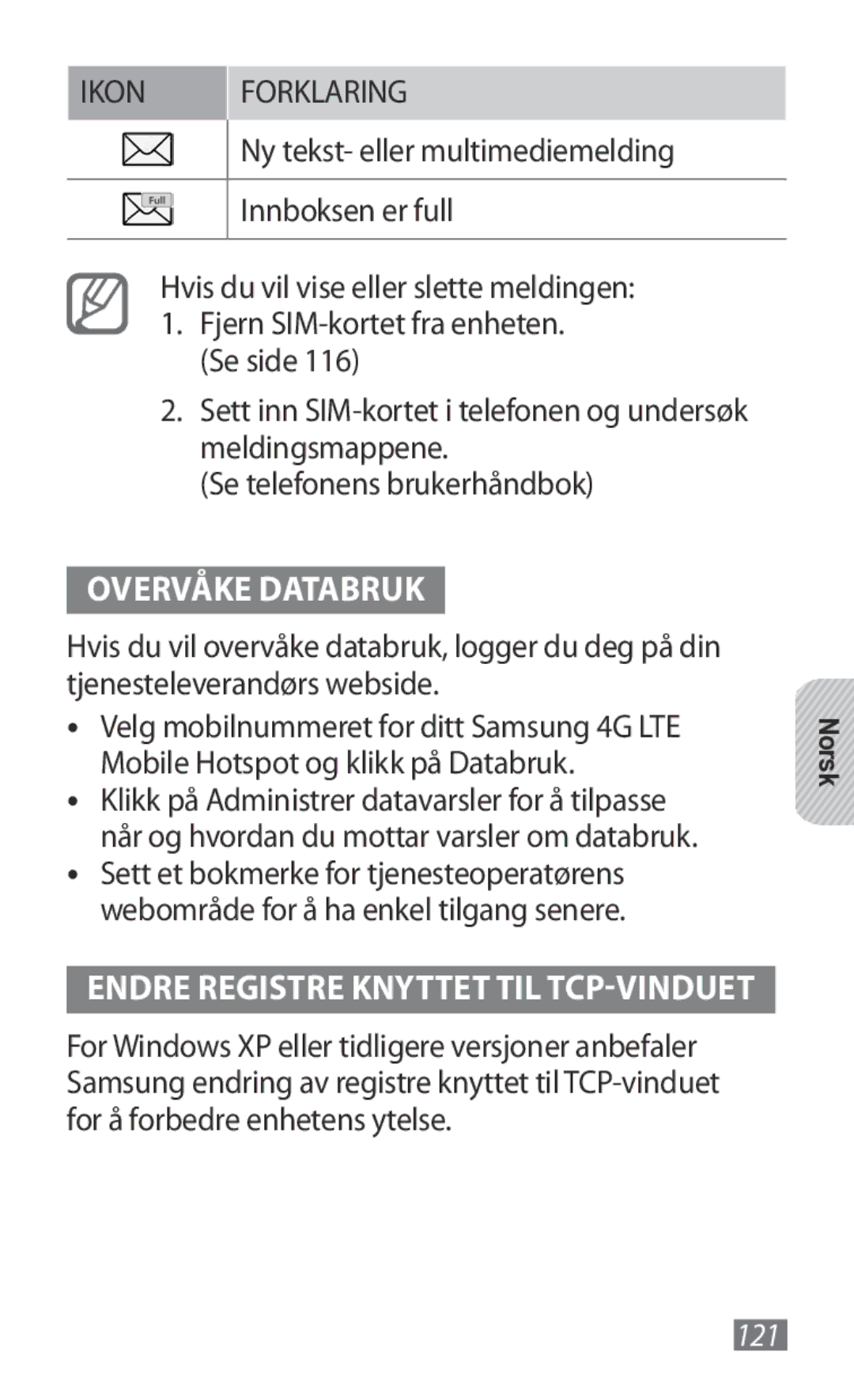 Samsung GT-B3800FKTVD2 manual Overvåke Databruk, Ny tekst- eller multimediemelding, Innboksen er full 