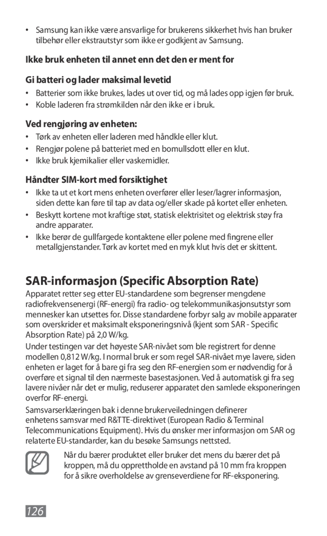 Samsung GT-B3800FKTVD2 manual SAR-informasjon Specific Absorption Rate, Ved rengjøring av enheten 